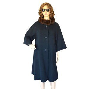 Vintage 60s Forstmann Mink Collar Black Formal Overcoat Womens Estimated Medium